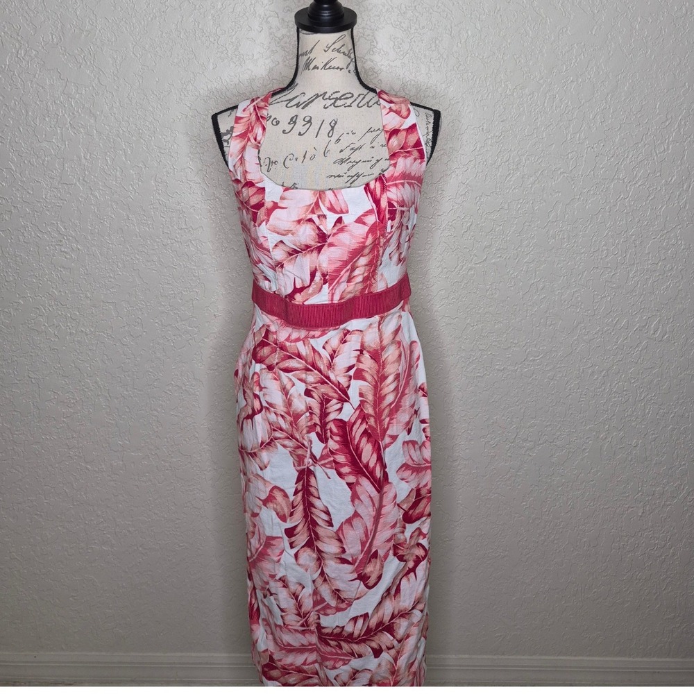 Eva Mendes NY&Co Pink White Tropical Palm Leaf Sheath Dress Size 2 Sleeveless